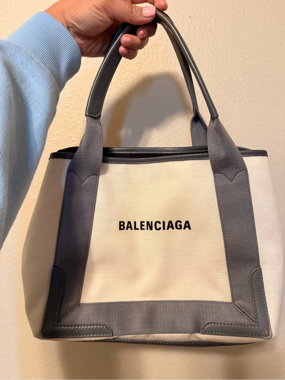 Balenciaga Gray Cabas S Canvas Leather Tote with Removable Pouch - Cream & Gray